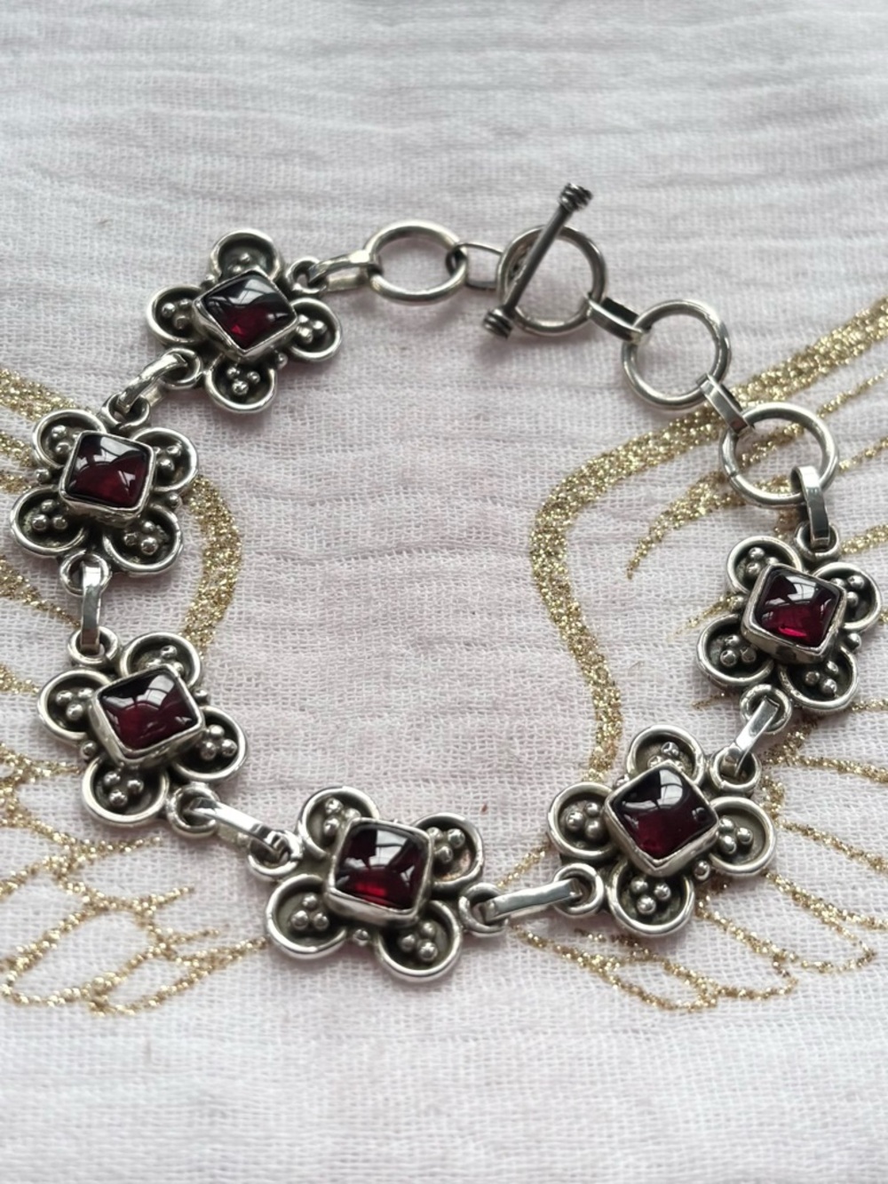 Sterling Silver Garnet Floral Link Bracelet - Red